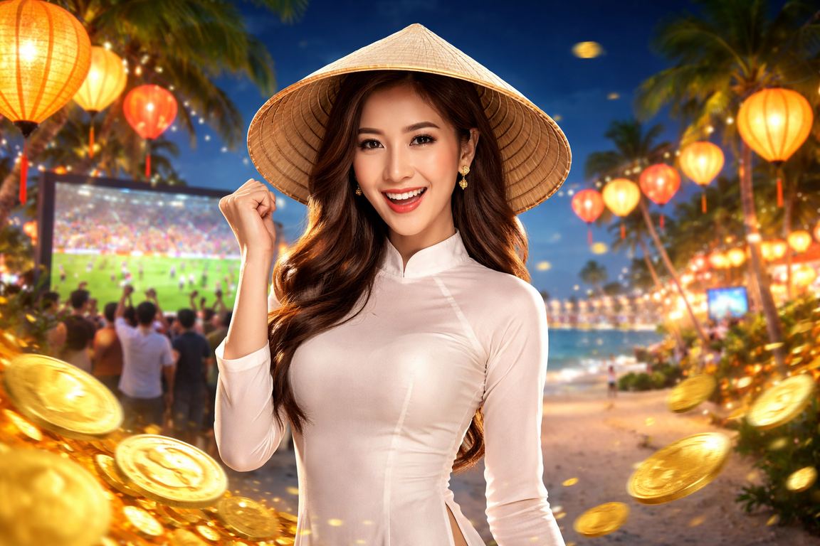 Người chơi theo dõi kèo cá cược với nón lá truyền thống Hội An